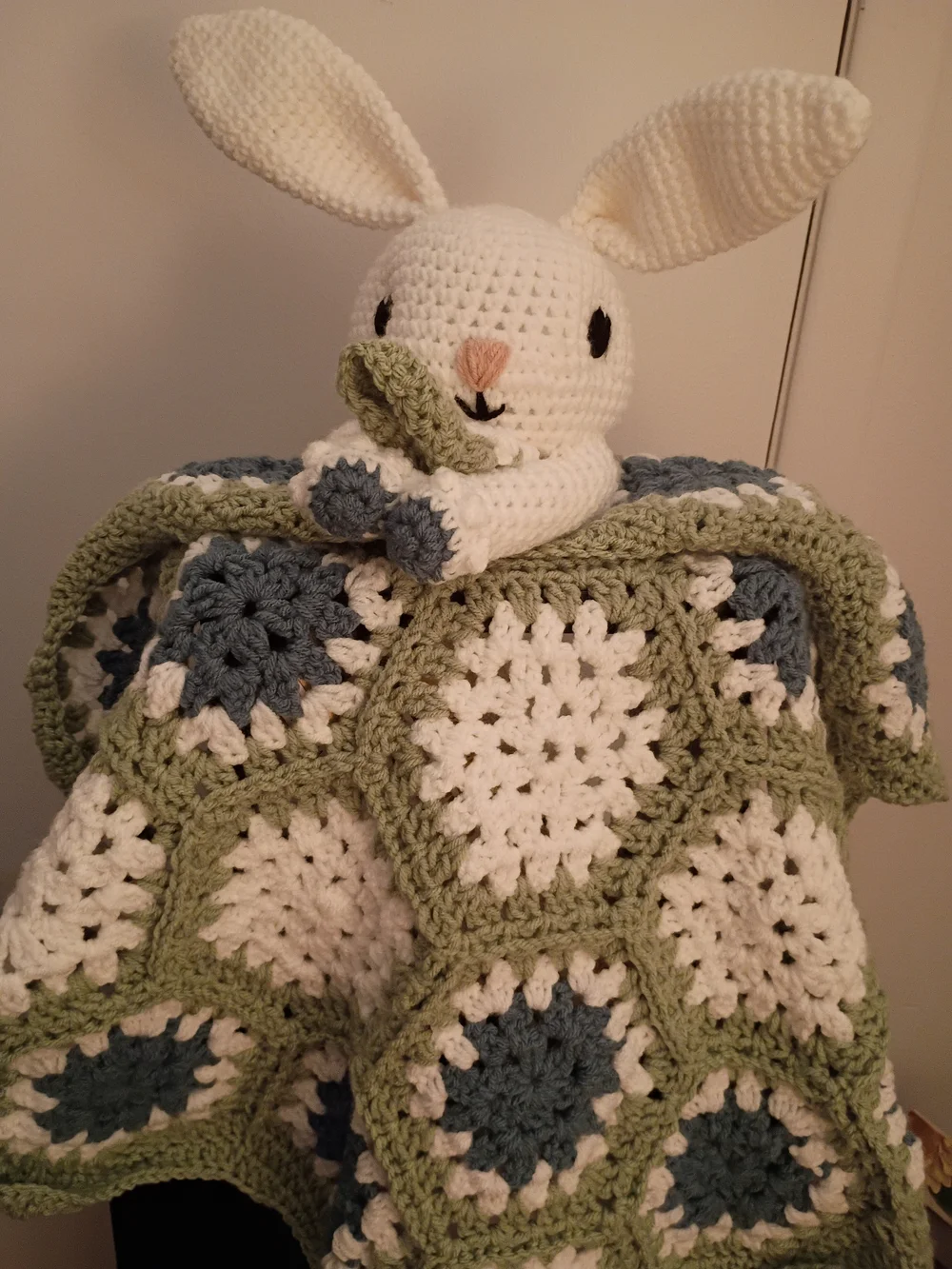 Handmade Bunny Lovey Blanket in White, Sage and Blue